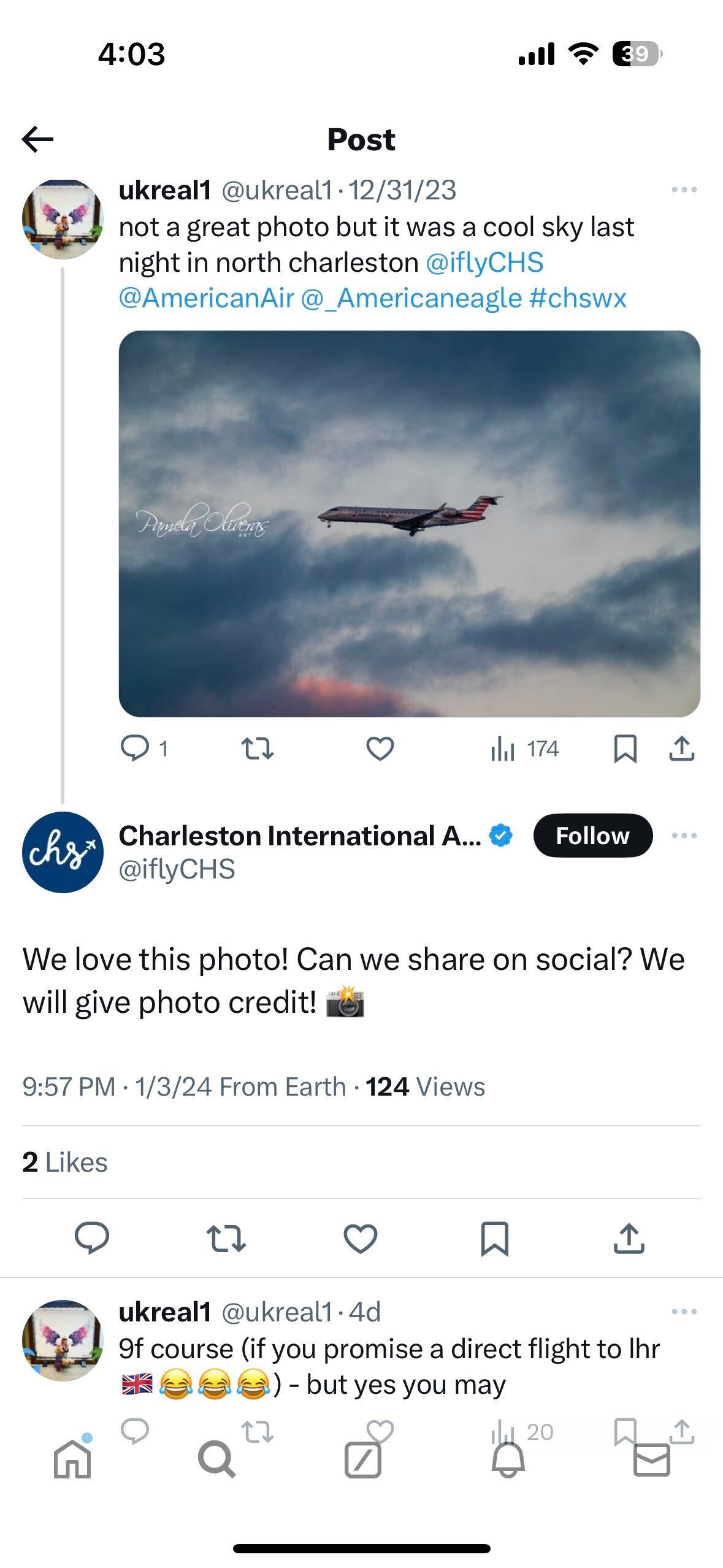 A user shares a photo of a plane coasting during sunset. The brand account for Charleston International Airport responds to the post asking if they can reshare on social.