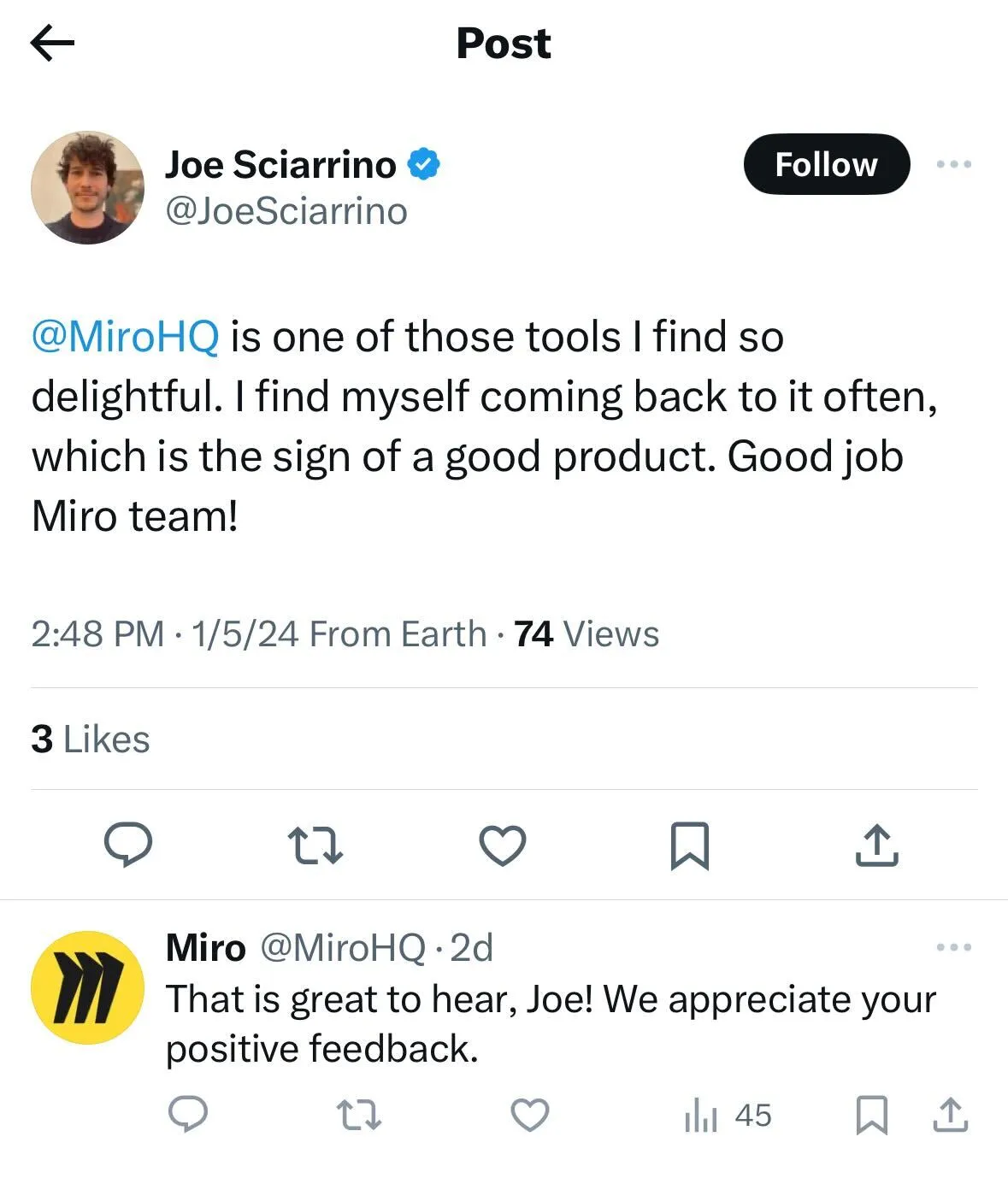 A post on X, formerly known as Twitter. The user praises Miro's team and their product. Miro brand account responds thanking the user for positive feedback.