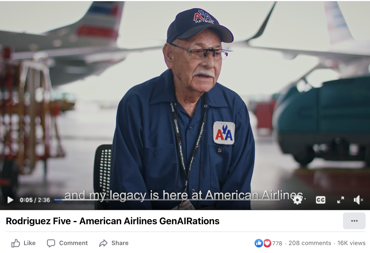 A screenshot of a Facebook video from American Airlines. The heartfelt video features the "Rodriguez Five," siblings who started working at the airline because of the influence of their father.