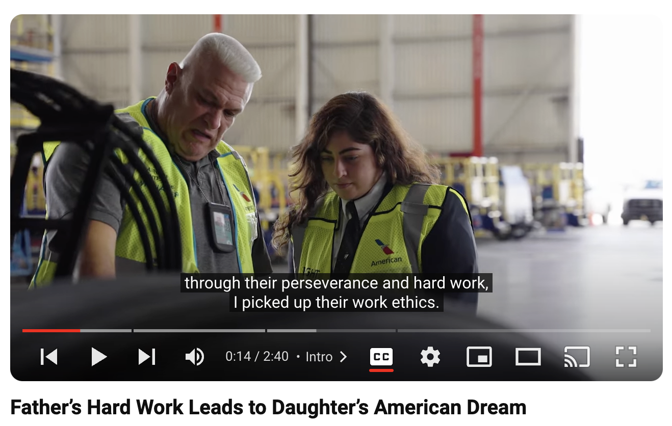 A screenshot of an American Airlines YouTube video about a father and daughter duo who work for the airline. The tear-jerking video explores how a father's hard work paved the way for his daughter to become the youngest Latina pilot at the airline.