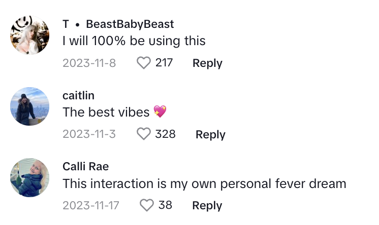 A screenshot of the comments section on a TikTok video posted by Lyft about their new Women+ program. The comments are all positive. For example, they say, "I will 100% be using this," "The best vibes," and "This interaction is my own personal fever dream."