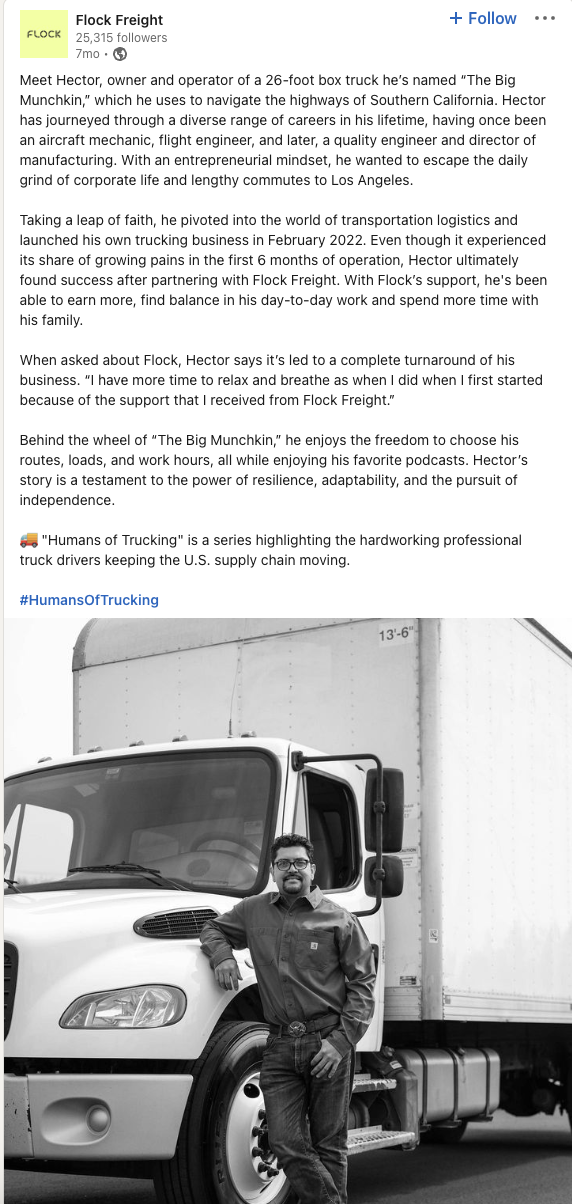 A screenshot of a Flock Freight LinkedIn post that features Hector, owner and operator of a box truck named the "Big Munchkin." The post includes a black and white image of Hector in front of his truck.