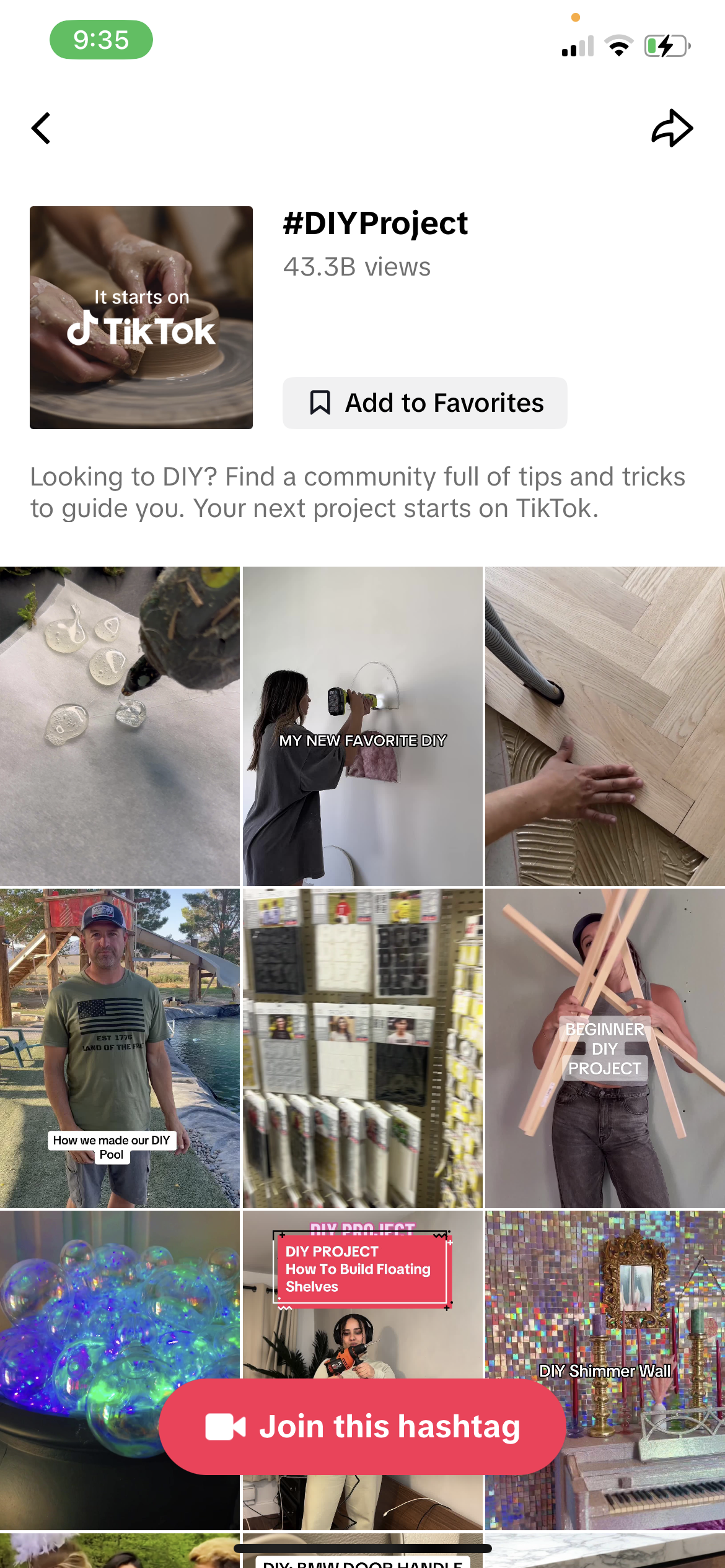 A screenshot of the #diyproject hashtag results in TikTok