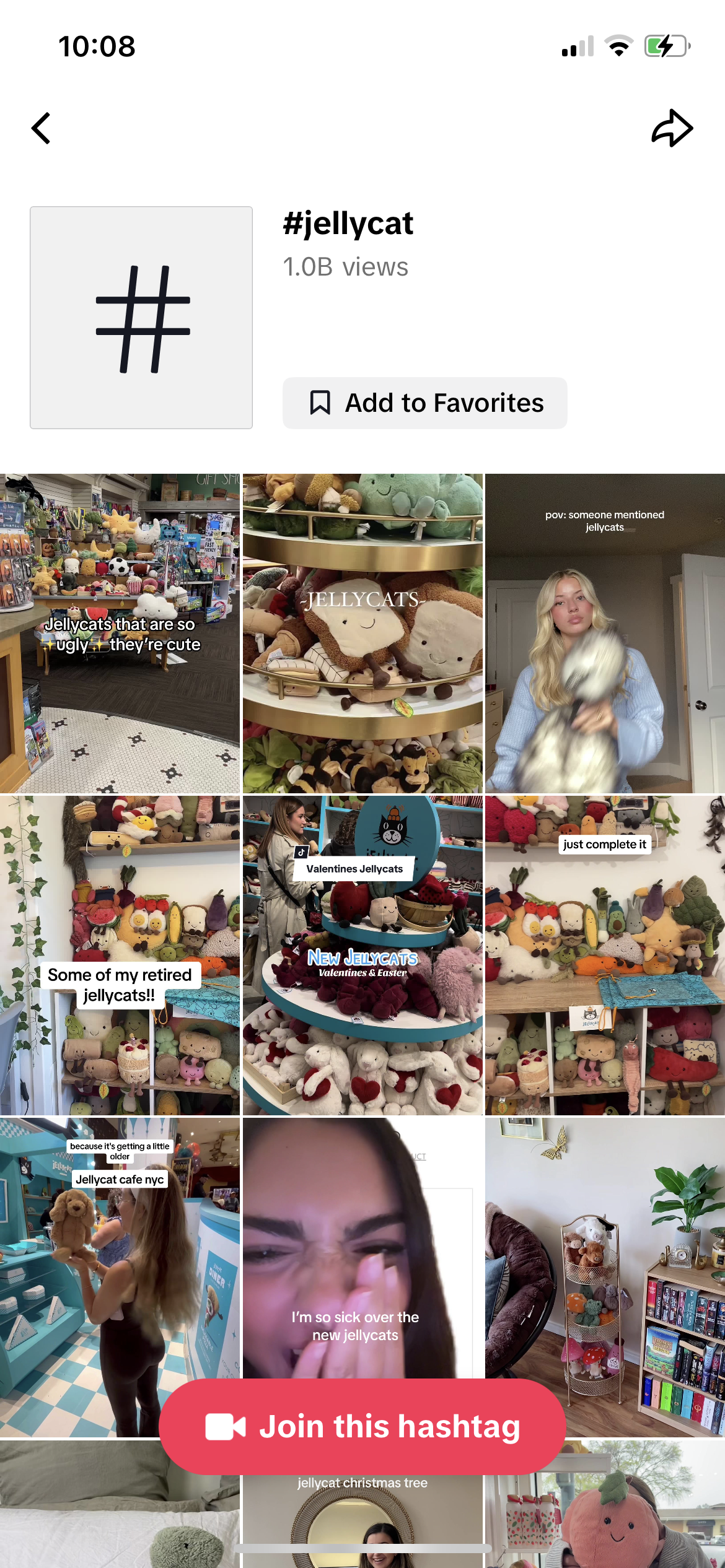 A screenshot of the #jellycat hashtag results in TikTok