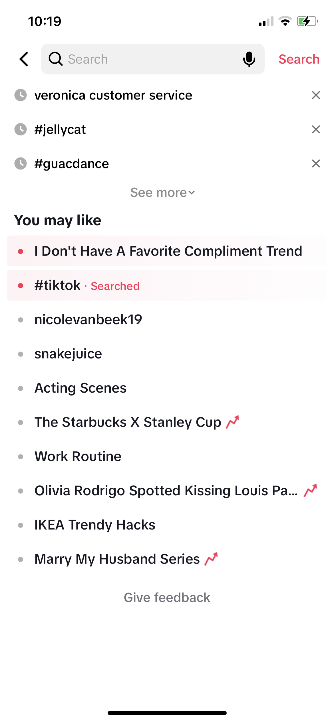 A screenshot of TikTok's search interface, which shows trending topics and hashtags you may be interested in.