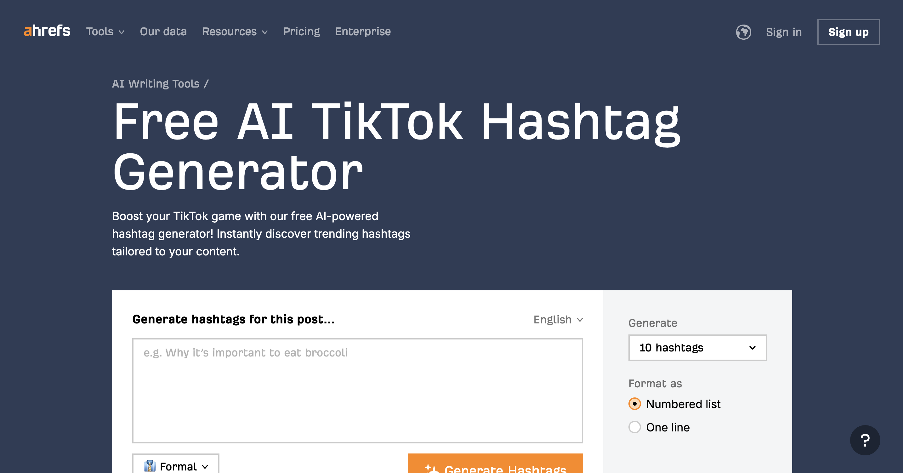 A screenshot of the Ahrefs TikTok Hashtag Generator landing page