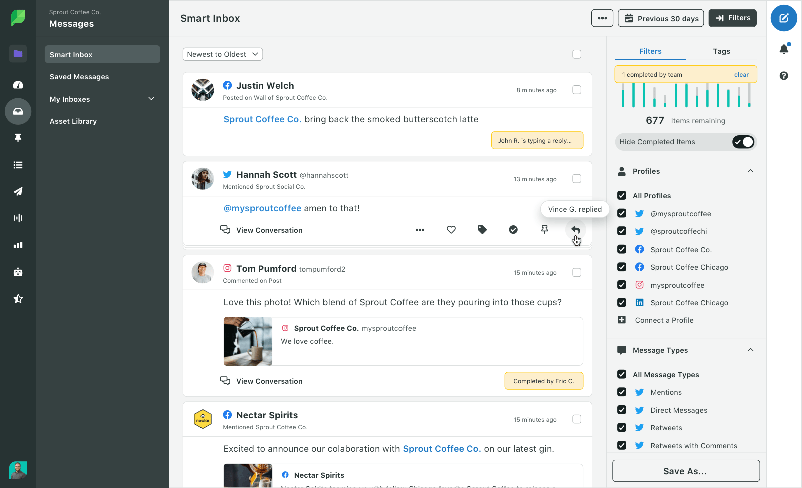 Screenshot of the Sprout Social Smart Inbox collision detection feature, which shows when another representative is active or has completed a message.