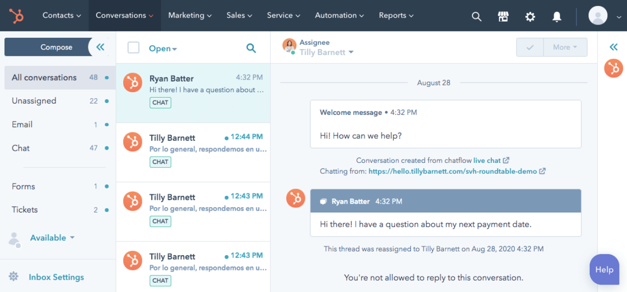 Screenshot of the HubSpot customer service hub.