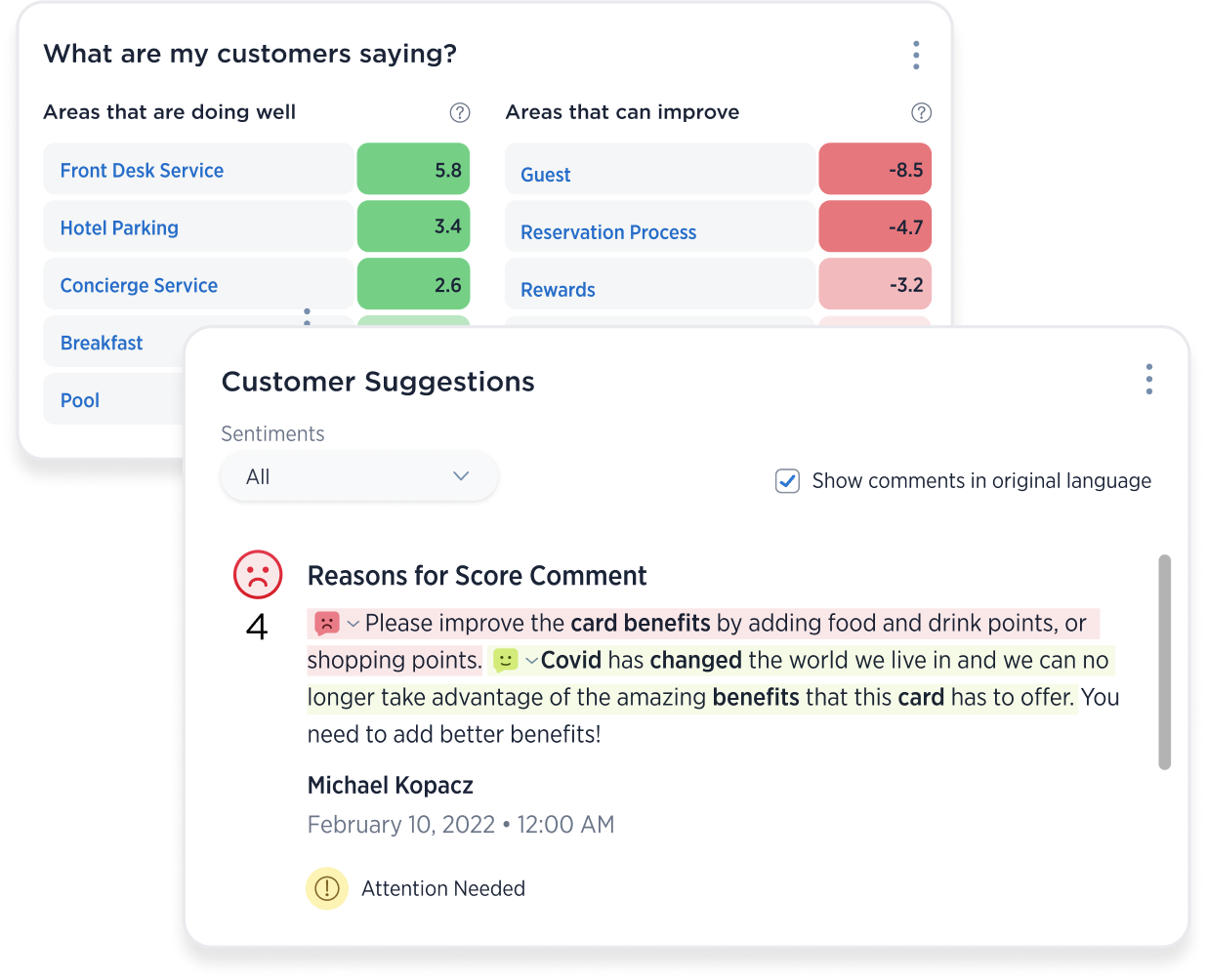 Screenshot of Medallia's sentiment analysis tool with two overlays showing "what are my customers saying" and "customer suggestions."