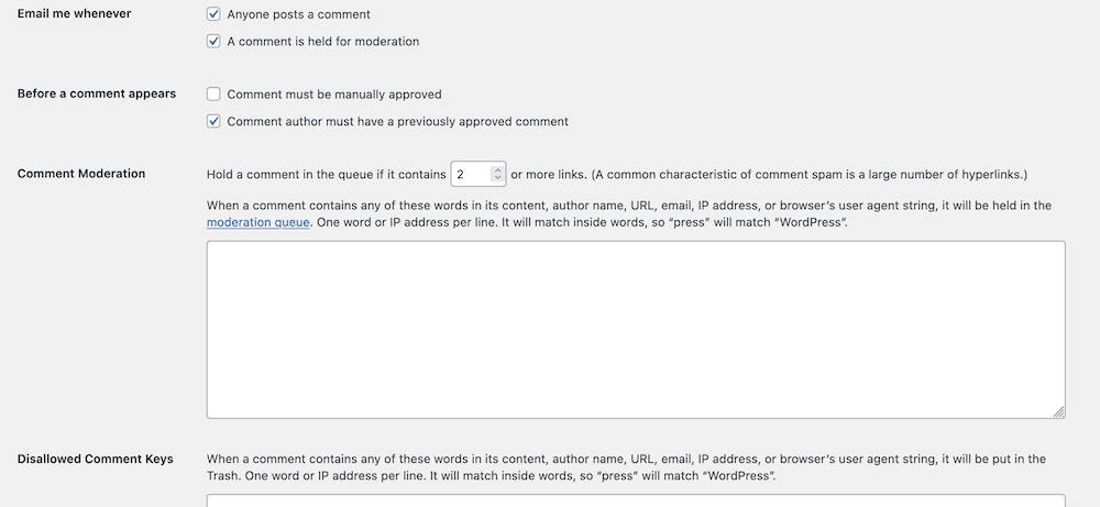 The Discussion moderation settings.