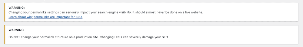 Warnings on the Permalinks page.