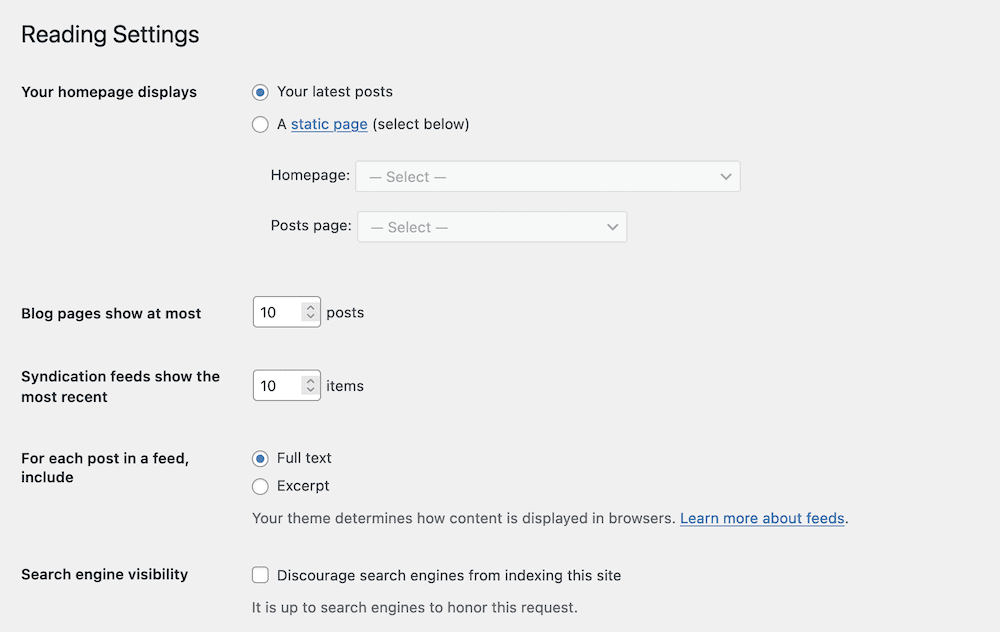 The Reading Settings screen.