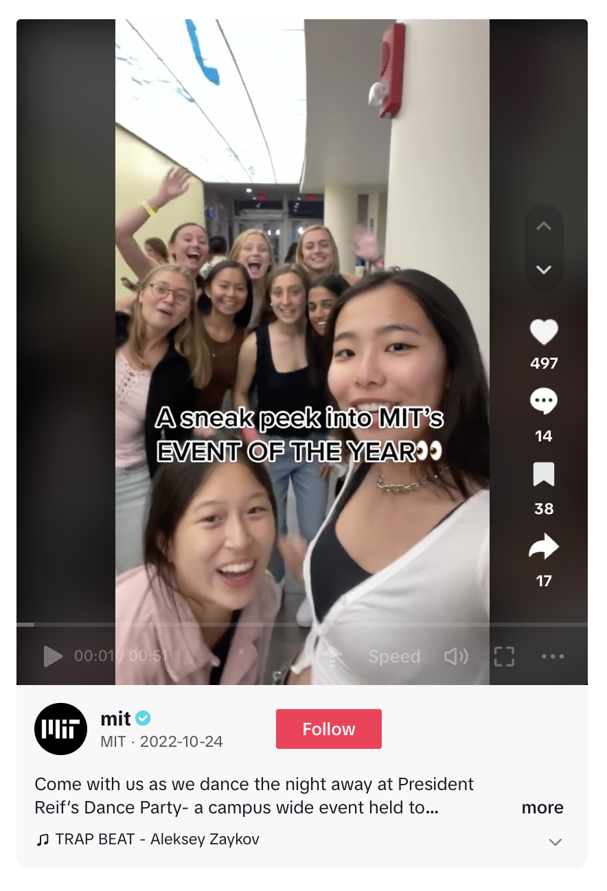A TikTok video by MIT giving a behind-the-scenes look at President Reif's Dancy party, a campus wide event.