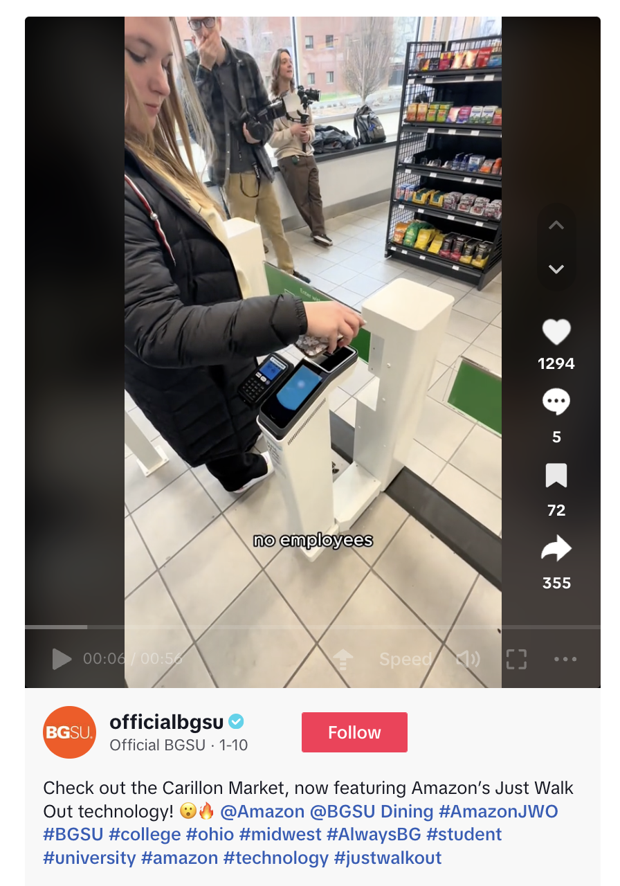 A TikTok video by Bowling Green State University featuring Amazon’s Just Walk Out technology in the Carillon Market, a student dining hall.