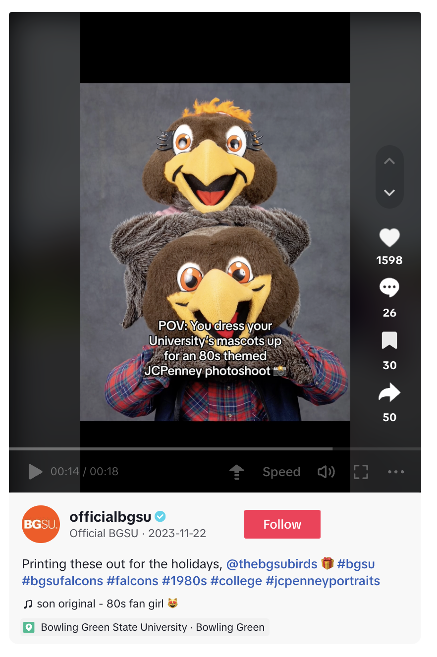A TikTok video by Bowling Green State University showing their mascots having an 80s themed JCPenny photoshoot, which is a popular trend on the app.