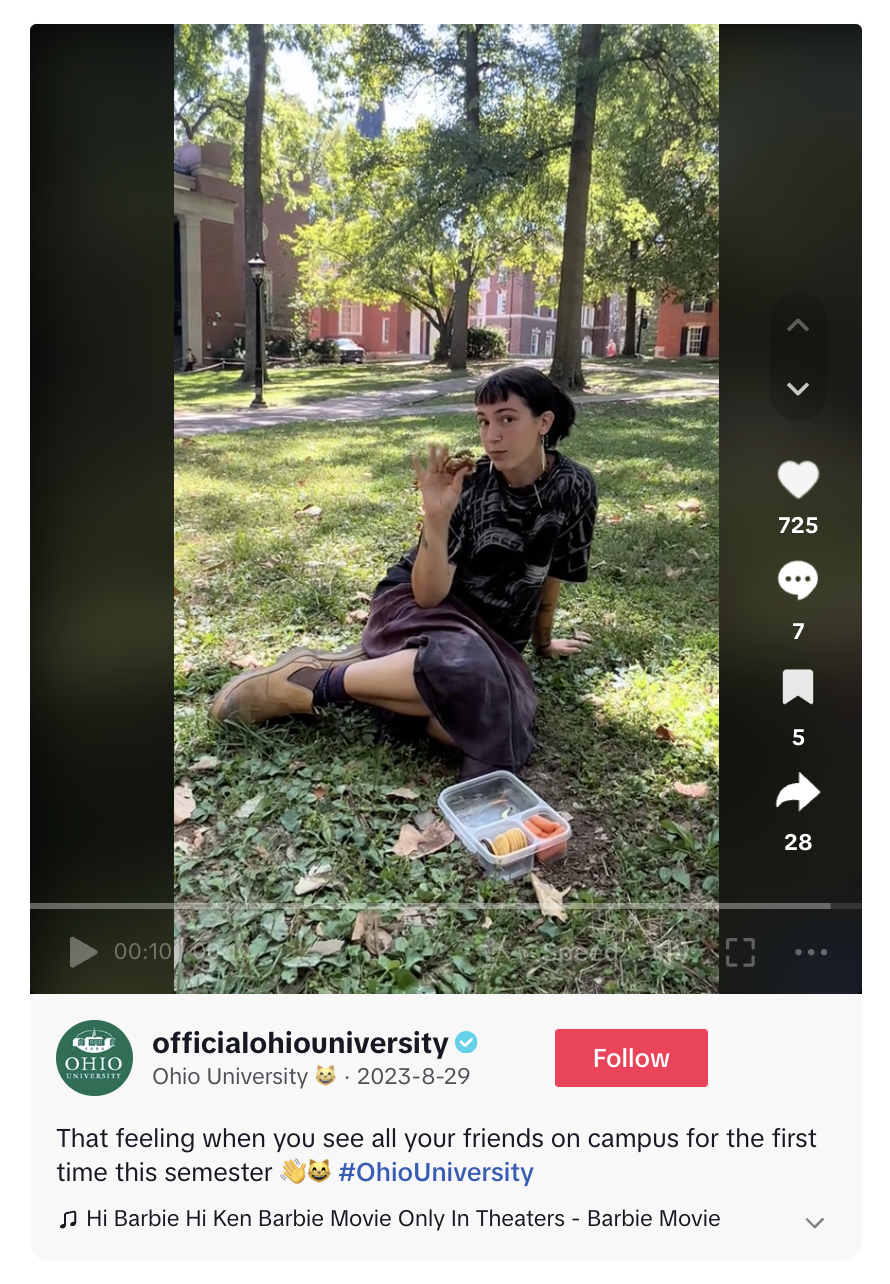 A TikTok video by Ohio University featuring students participating in a Barbie movie parody trend.