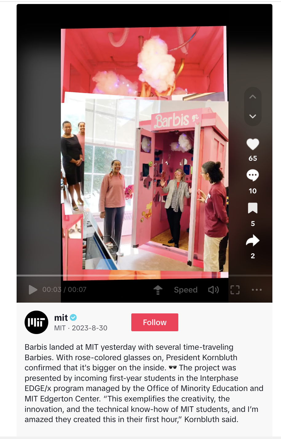 A TikTok video by MIT featuring students creating a "Barbis" box, which is a nod to the Barbie movie trends.