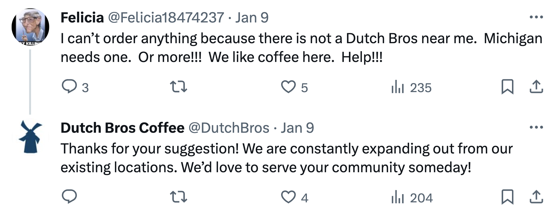 A post on X from Dutch Bros Coffee replying to a customer making a location request. 
