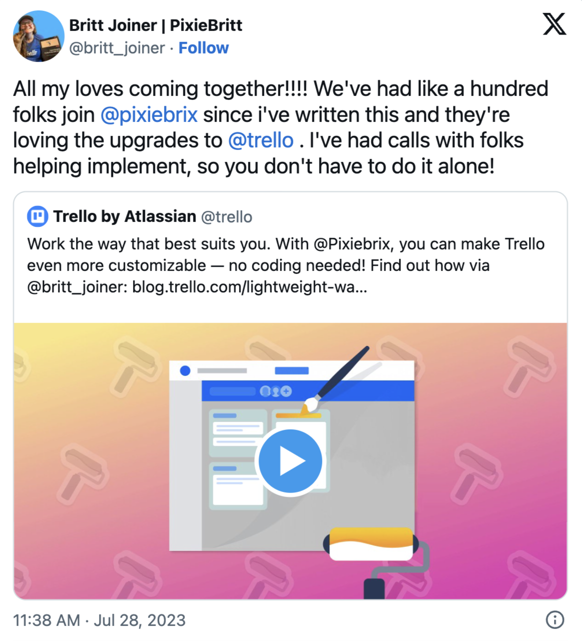 A post on X from Brittany Joiner promoting her webinar collaboration with Trello.