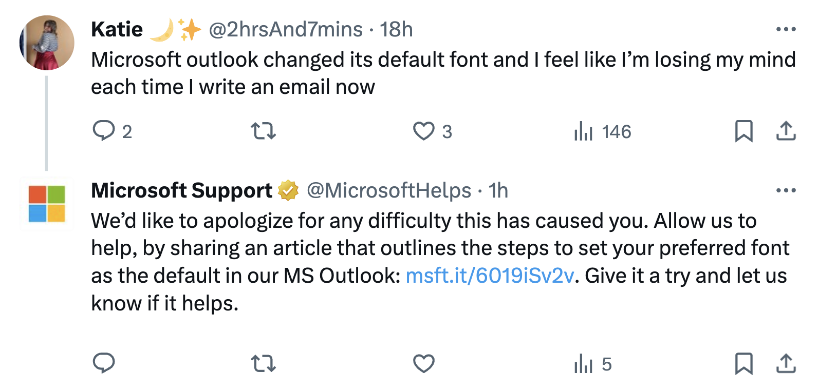 A post on X from Microsoft Support responding to a customer complaint about a new update.