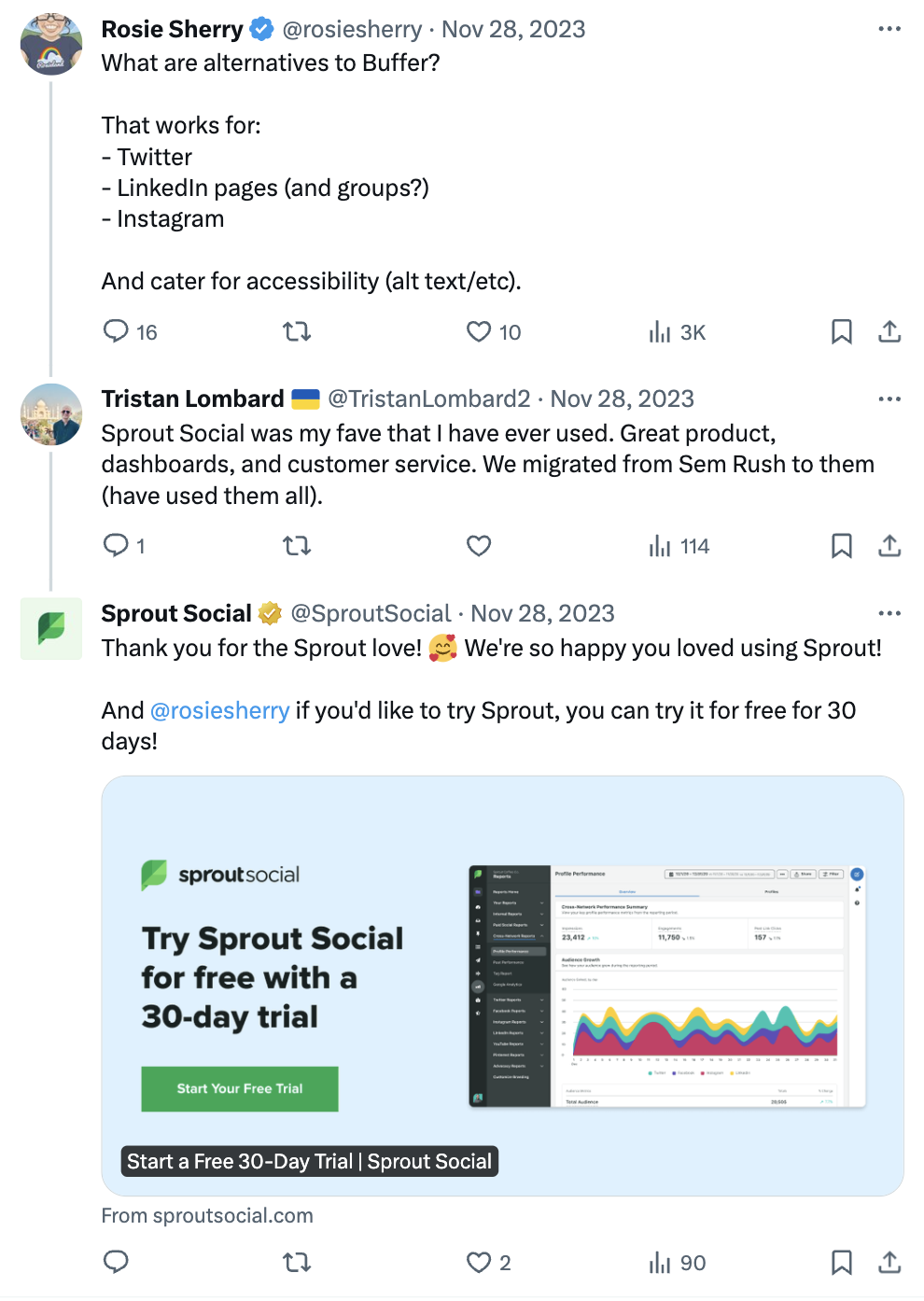 A post on X from Sprout Social responding to a customer's praise.