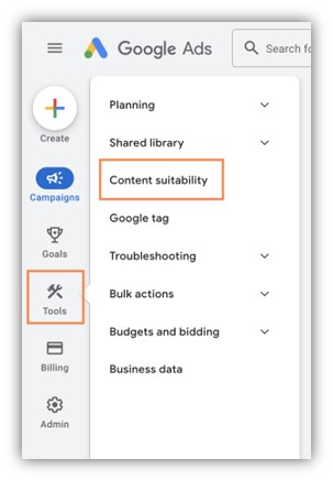google ads performance max campaigns - content suitability in navigation panel