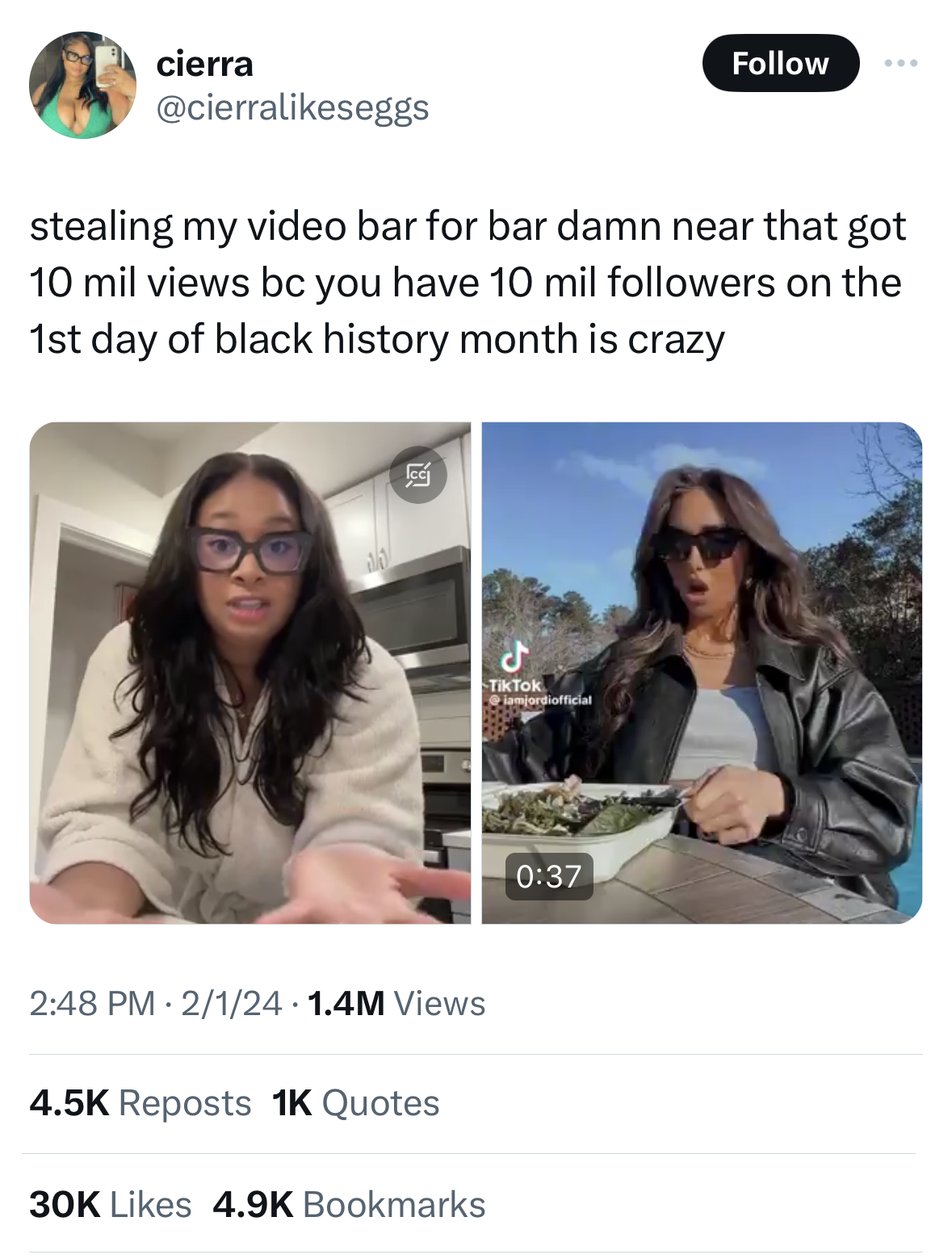 A post from Black content creator @cierralikeseggs calling out a mega influencer for plagiarizing her TikTok video on the first day of Black History Month. The original video is located on the left and the replicated version is on the right. 