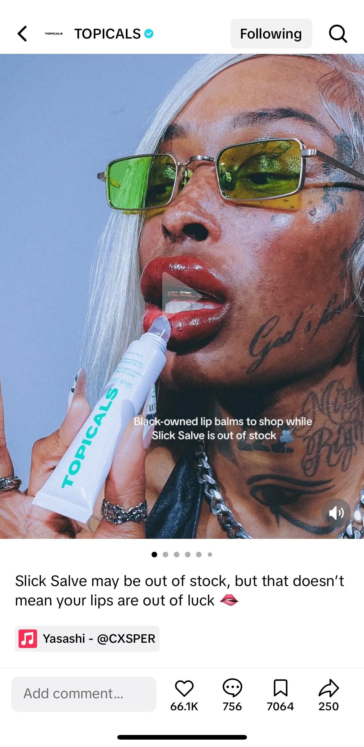 A TikTok carousel from Topicals featuring Black-owned lip balms people can buy from since their product, Slick Salve, is out of stock. 
