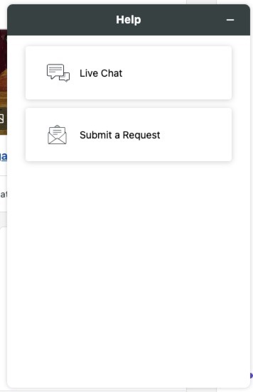 The chat support feature in Sprout Social. The chat window presents two initial prompts: "Live Chat" and "Submit a Request".
