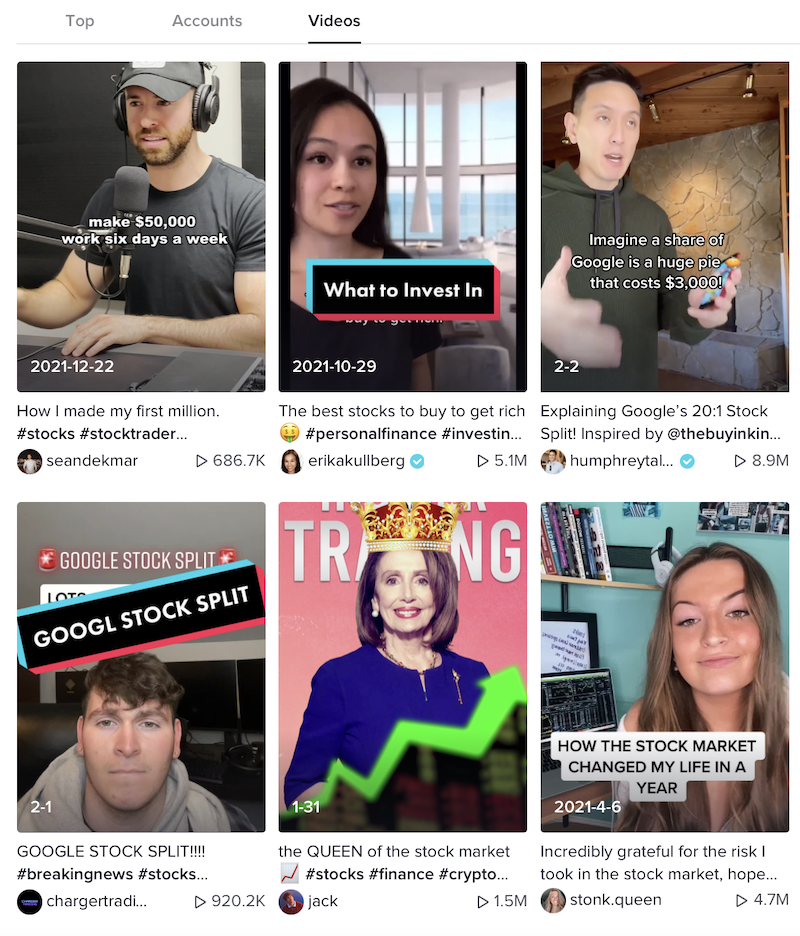A screenshot of a TikTok search for #Stock. The search pulled six popular videos on the topic, four of which have over a million views. 