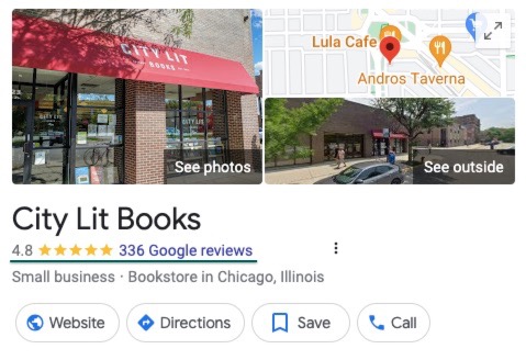 A screenshot of the the Google location snippet for City Lit Books. The store has a 4.8 star rating. 