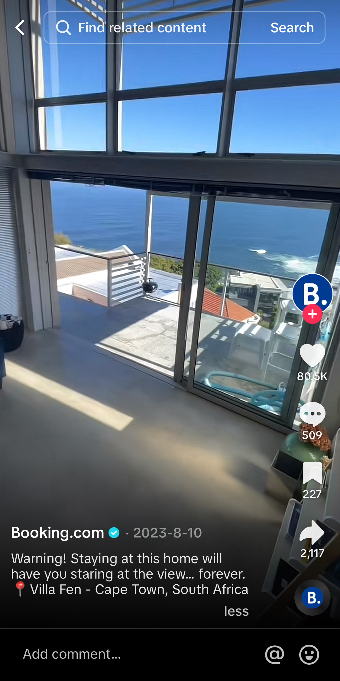 TikTok screenshot showing how Booking.com uses relevant keywords like "home" "view" and "cape town". 