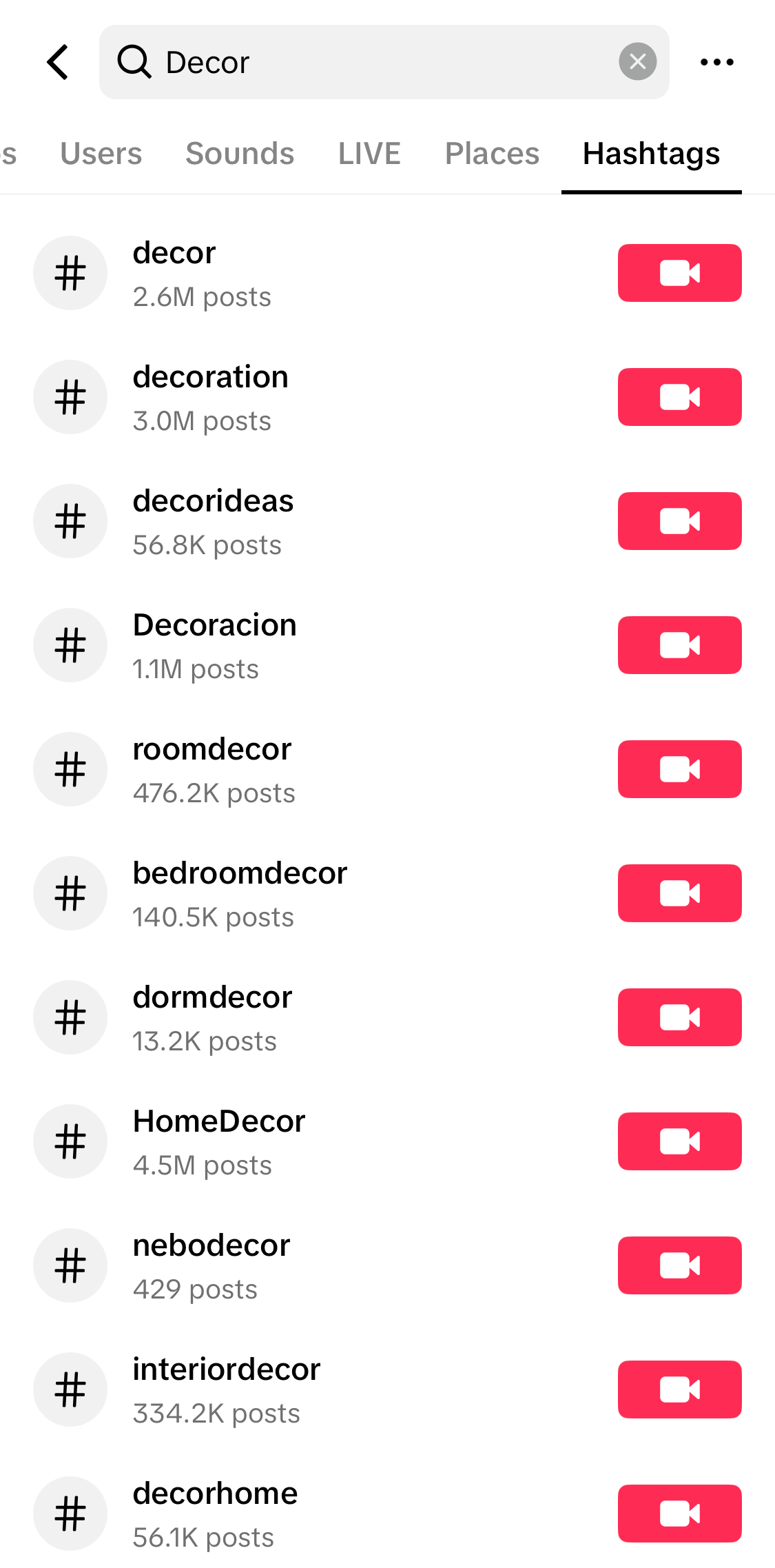 TikTok screenshot showing how to browse trending hashtags related to decor