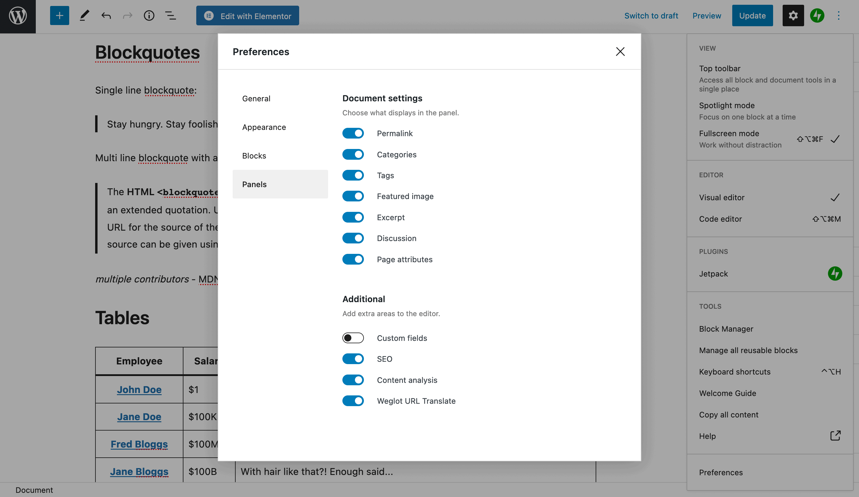 The Preferences Panel.