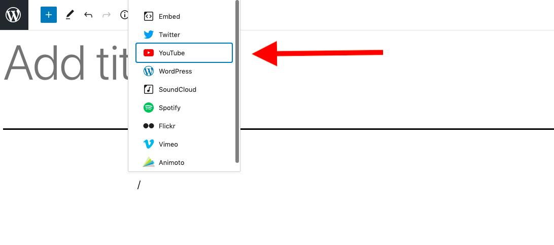 Adding the Youtube block (keyboard method)