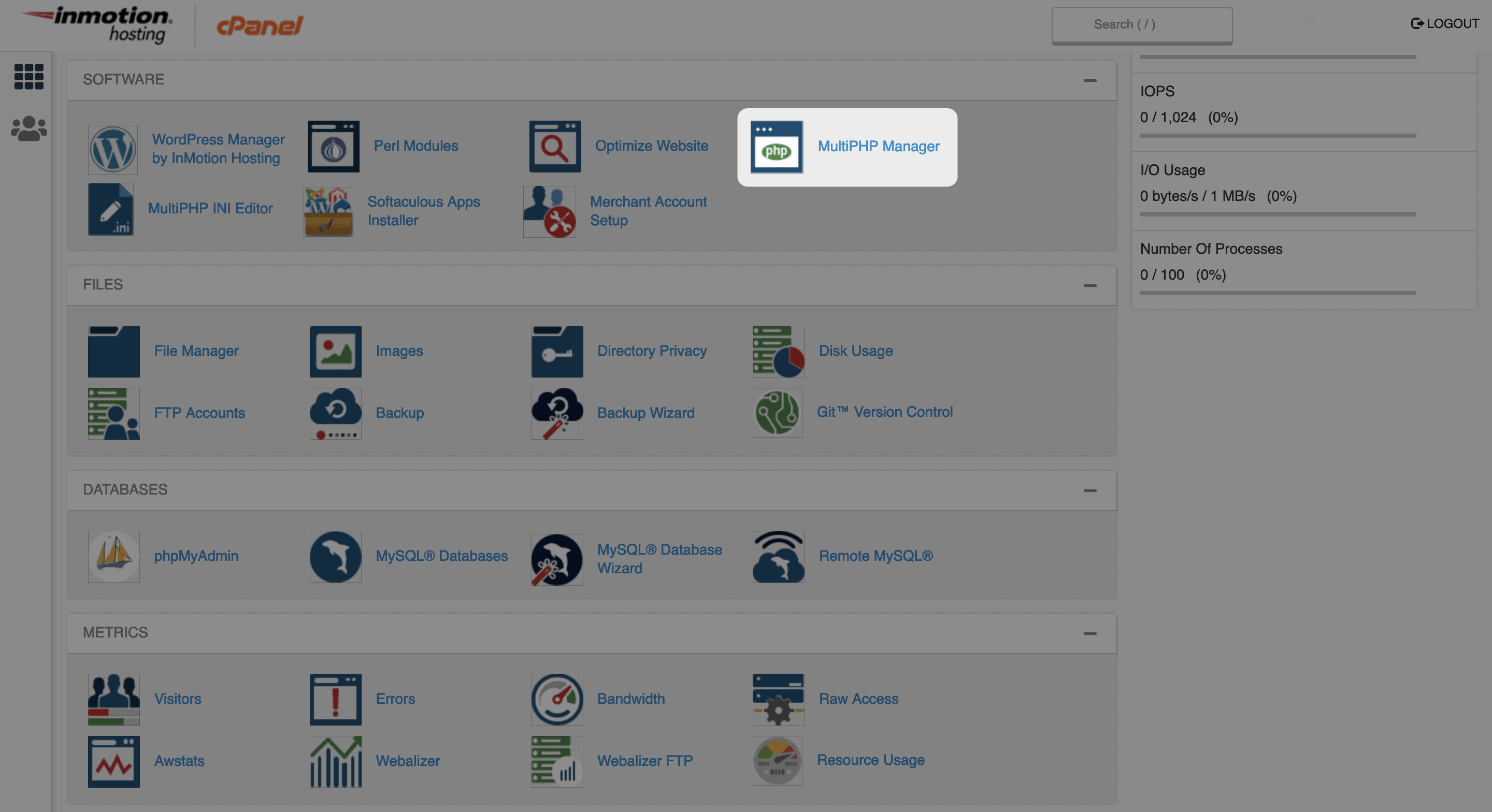 The MultiPHP Manager option on cPanel's main screen.