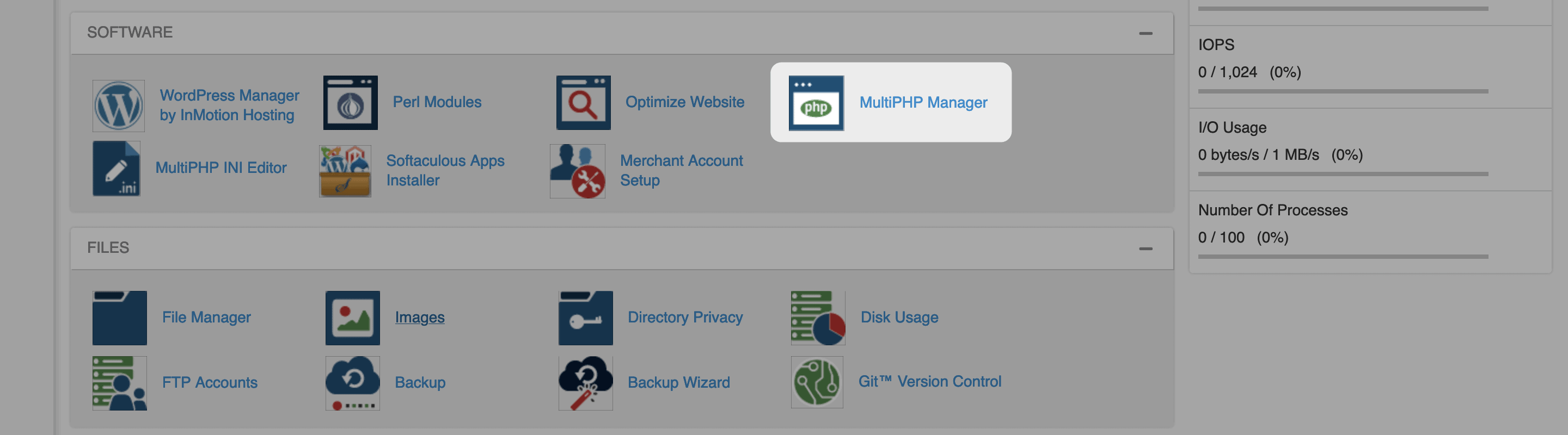 The MultiPHP Manager setting in cPanel.