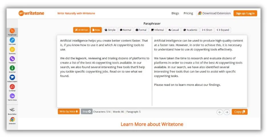 AI copywriting tools - Screenshot of Writetone