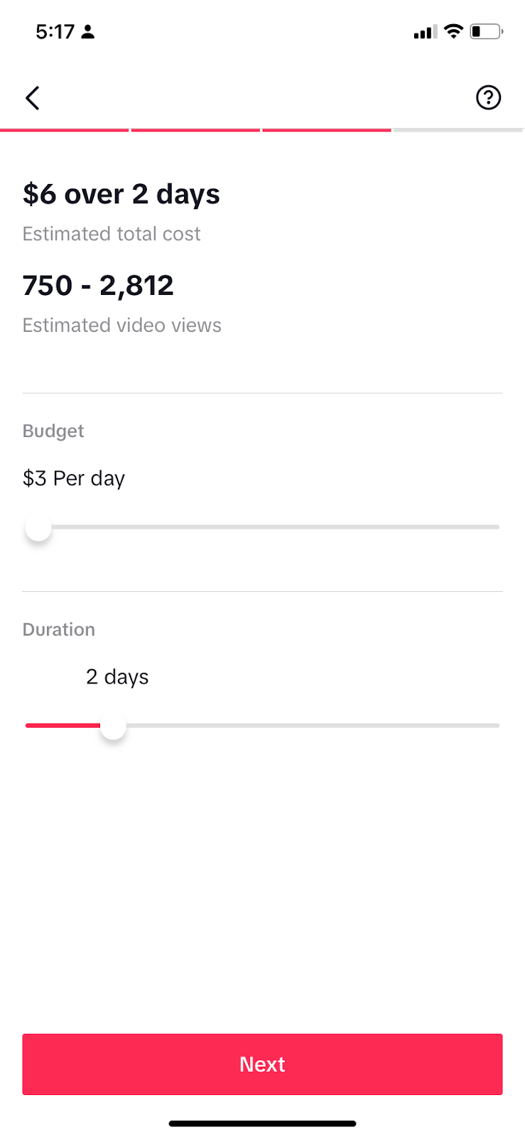 The Set Your Budget and Duration screen in TikTok Promote