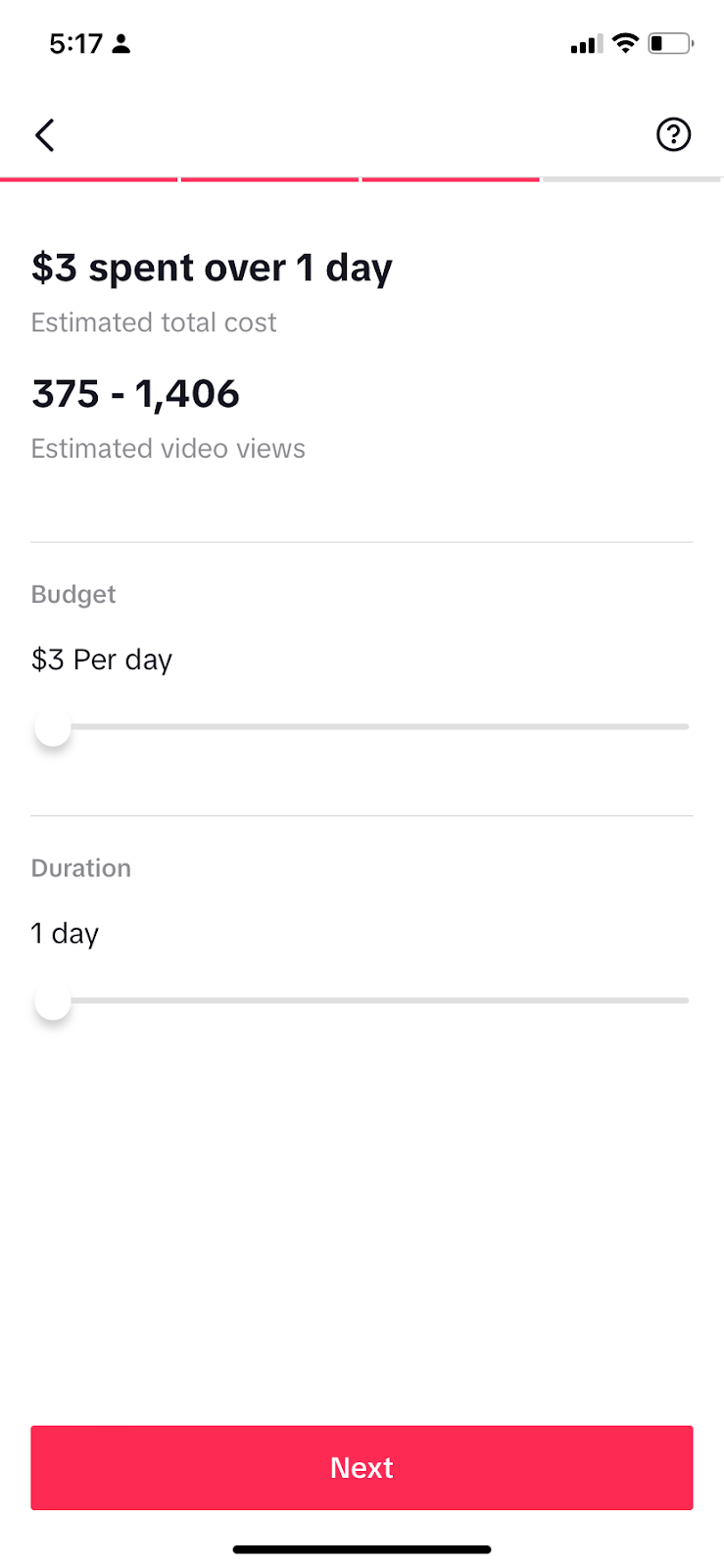 The Budget and Duration screen in TikTok Promote shows the minimum budget and duration.