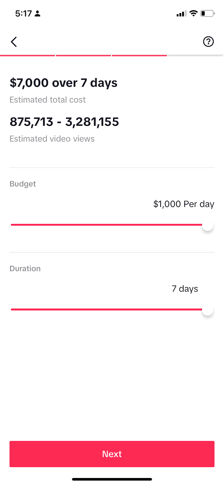 The Budget and Duration screen in TikTok Promote, showing the maximum budget and duration.