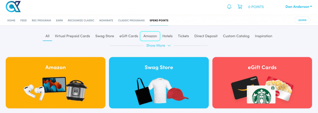 Awardco displays options a user can choose from to redeem points: Amazon, Swag Store, and eGift Cards.