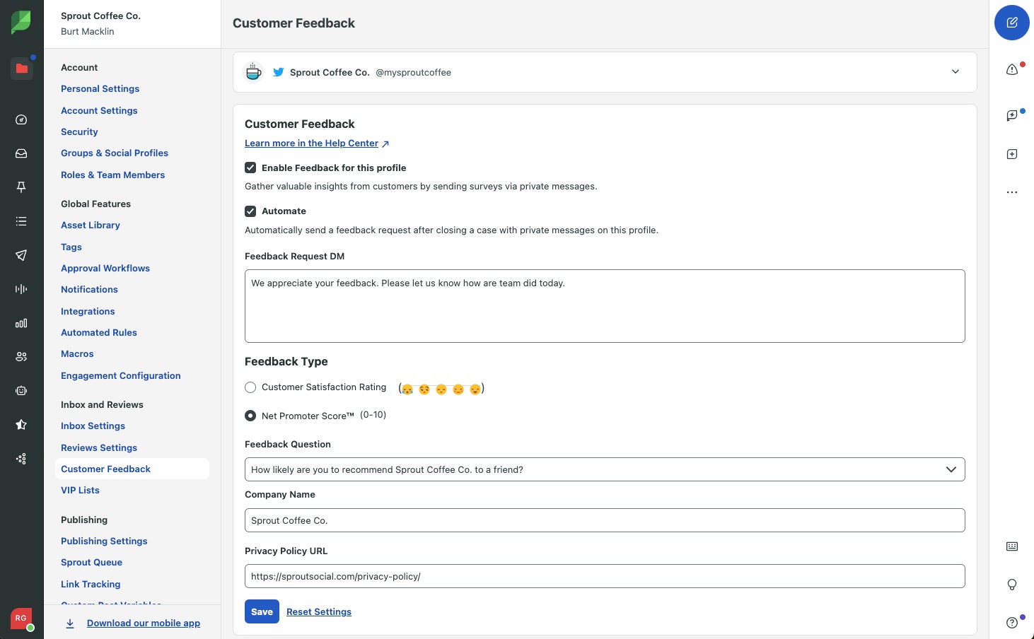 The Customer Feedback configuration settings in Sprout Social. Users can choose to automate the collection of Net Promoter Score data using Sprout’s Customer Feedback tools.