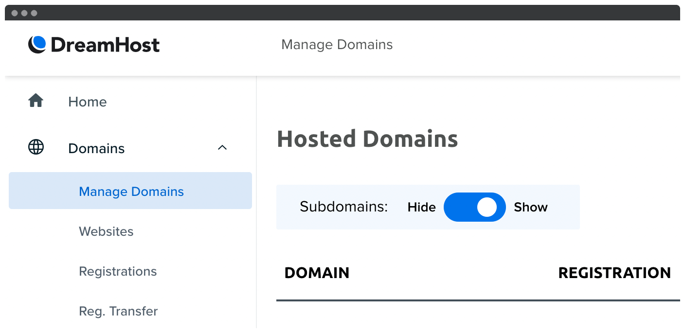 DreamHost's Hosted Domains screen.