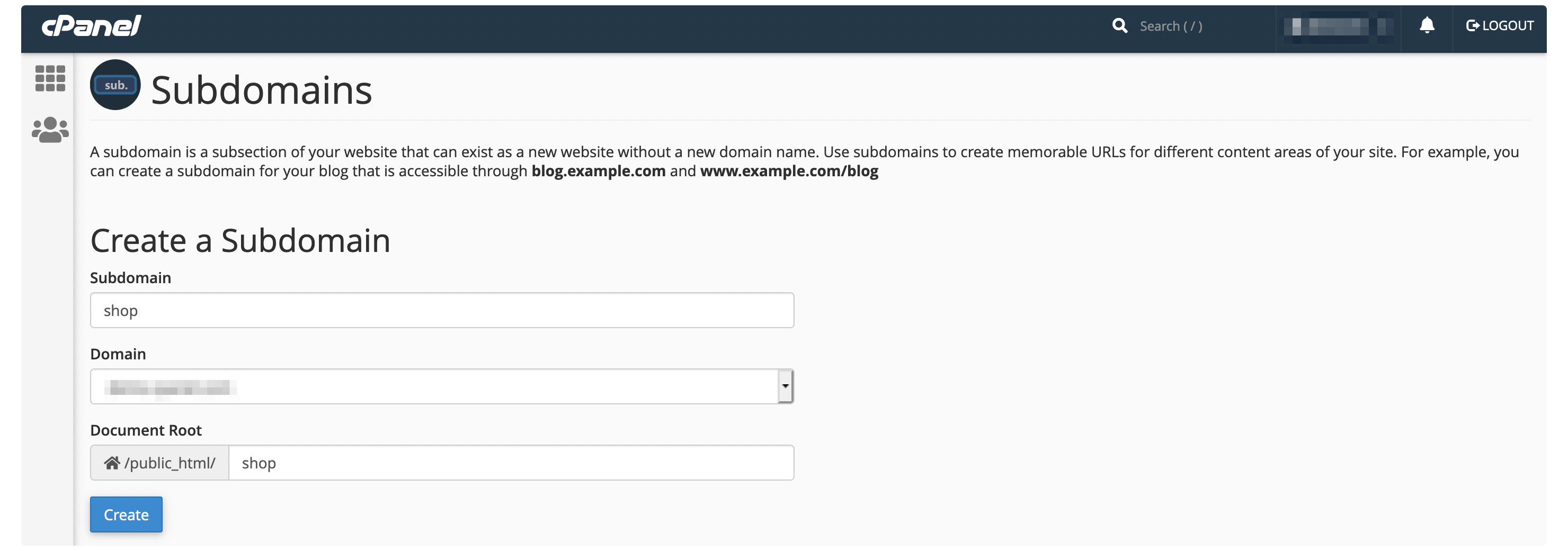 Creating a subdomain within cPanel.