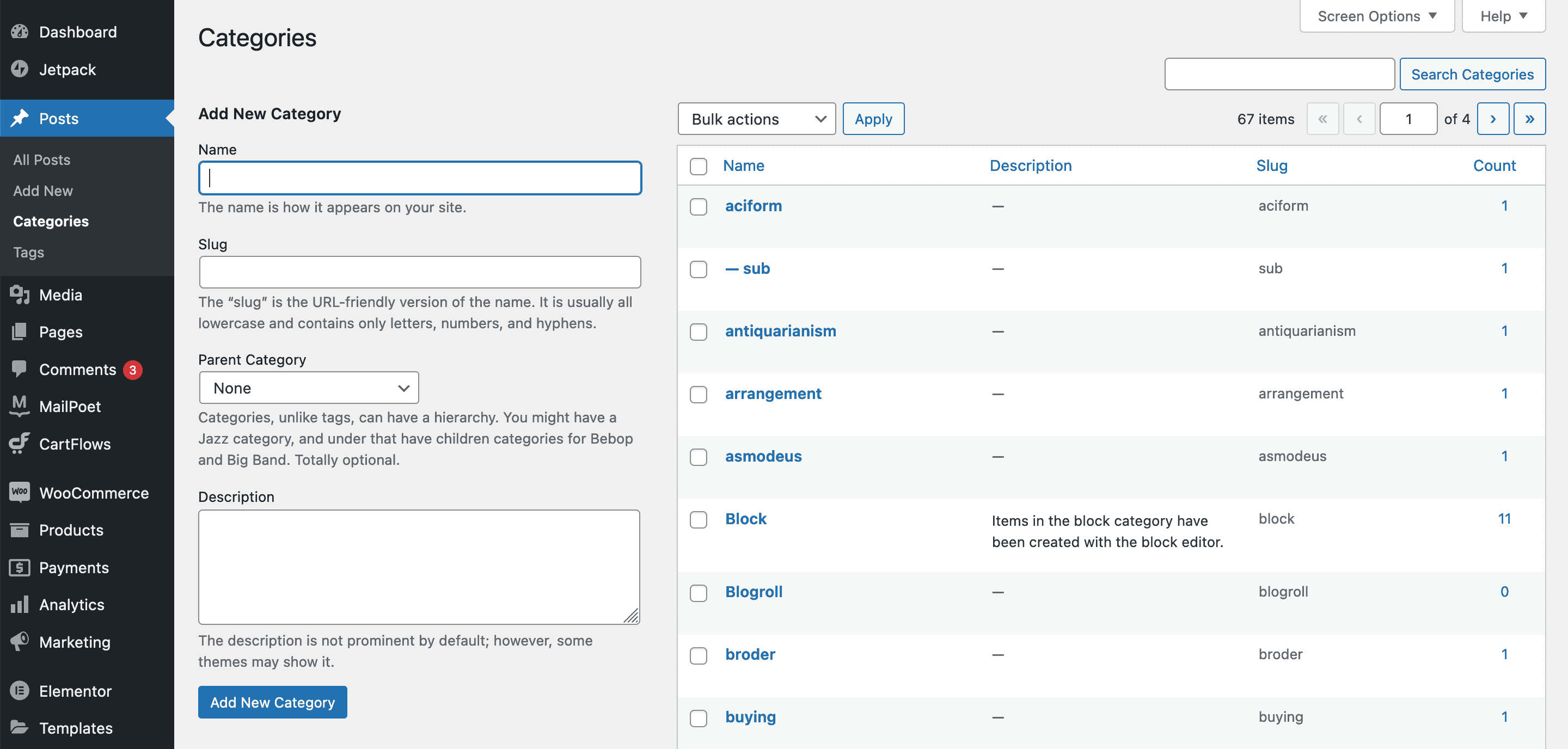 The Categories page in WordPress.