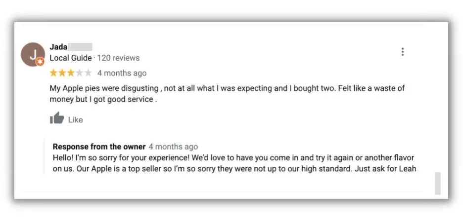 example of negative google review response