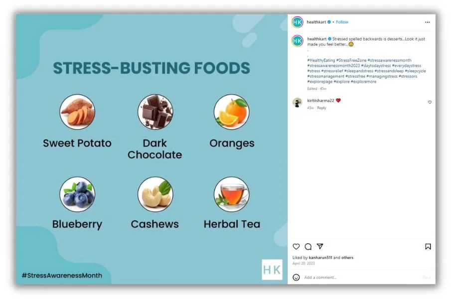 April content ideas - Instagram post about foods that reduce stress.