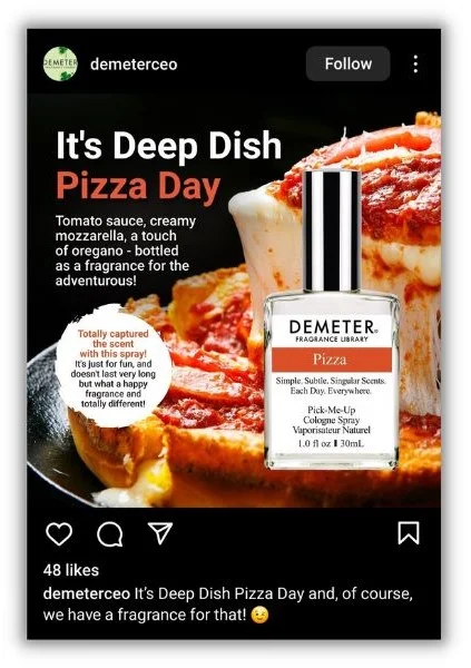 April content ideas - social media post about a pizza scented oil.