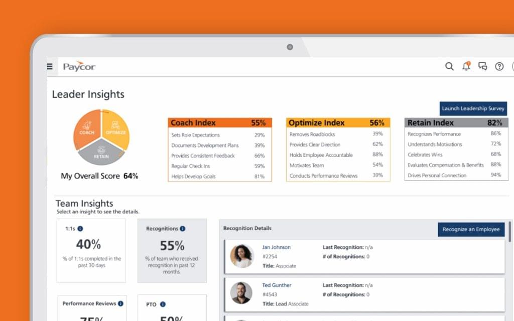Paycor displays an insights dashboard with cards showing percentage data on how well a manager performs in areas related to coaching, optimization, and retention, plus insights into one-on-one meetings, recognition, and performance reviews.